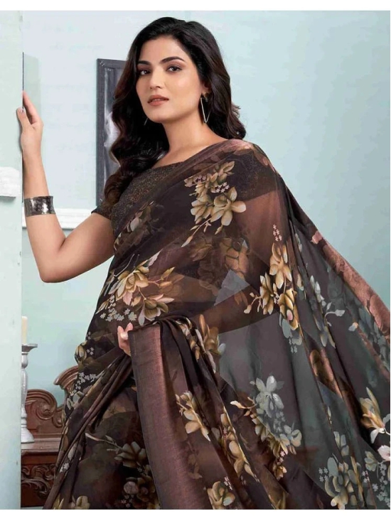 Sitanjali Georgette Printed Saree With Blouse Piece - Brown ( Pack of 1 ) - Brown