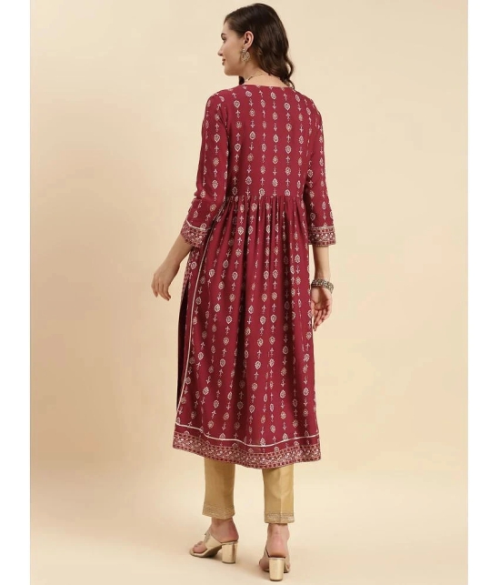 Rangita Women Rayon Maroon Yoke Embroidered Calf Length Nayra Style Kurti - None