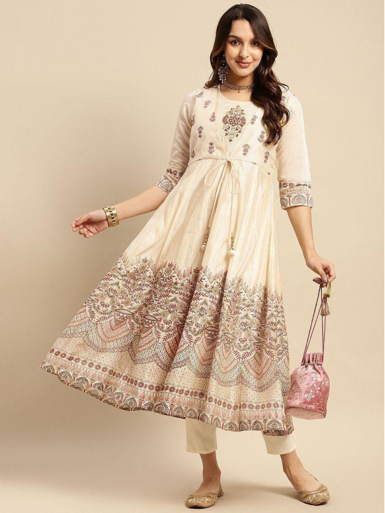 Rangita Women Chanderi Beige Yoke Embroidered Border Printed Calf Length Anarkali Kurti - None