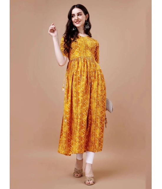 Glomee Rayon Printed Nayra Womens Kurti - Yellow ( Pack of 1 ) - None