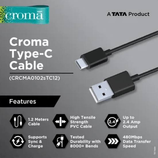 Croma Type A to Type C 3.9 Feet (1.2M) Cable (Sync and Charge, Black)