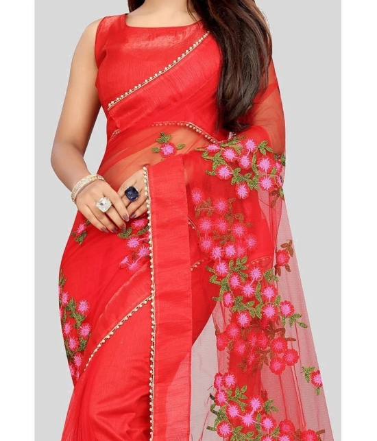 Gazal Fashions - Red Net Saree With Blouse Piece ( Pack of 1 ) - Red