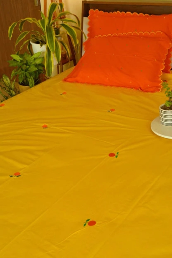 Santra Embroidered Orange Cotton Bedsheet