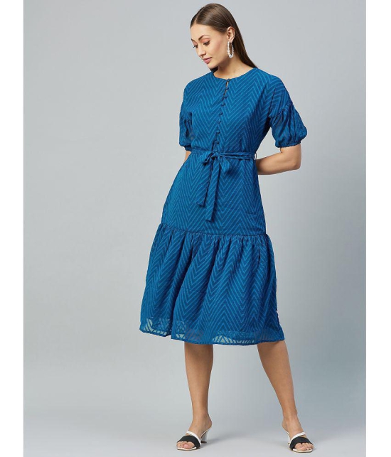 Rare Poly Georgette Blue Fit And Flare Dress - Single - M