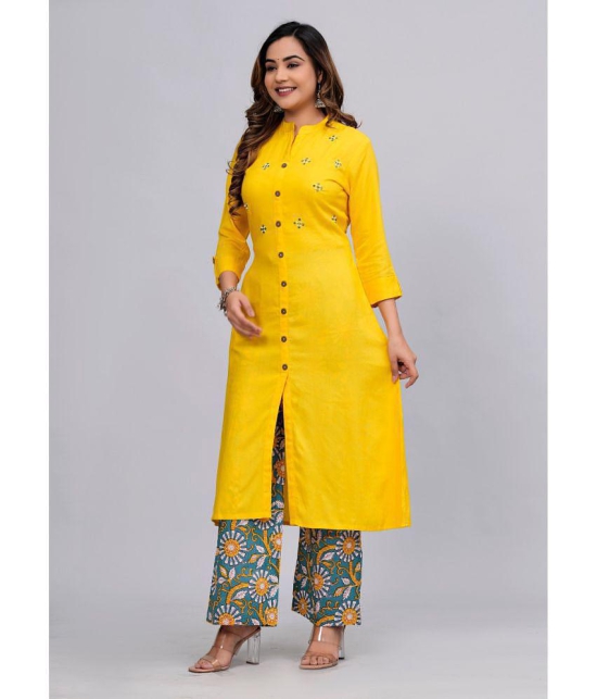 MAUKA Rayon Embellished Kurti With Palazzo Womens Stitched Salwar Suit - Yellow ( Pack of 1 ) - None