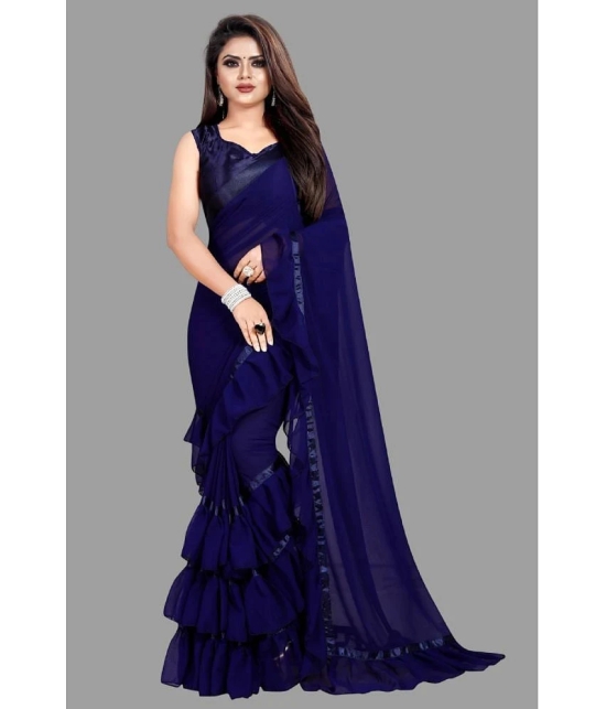 Apnisha Georgette Solid Saree With Blouse Piece - Navy Blue ( Pack of 1 ) - Navy Blue