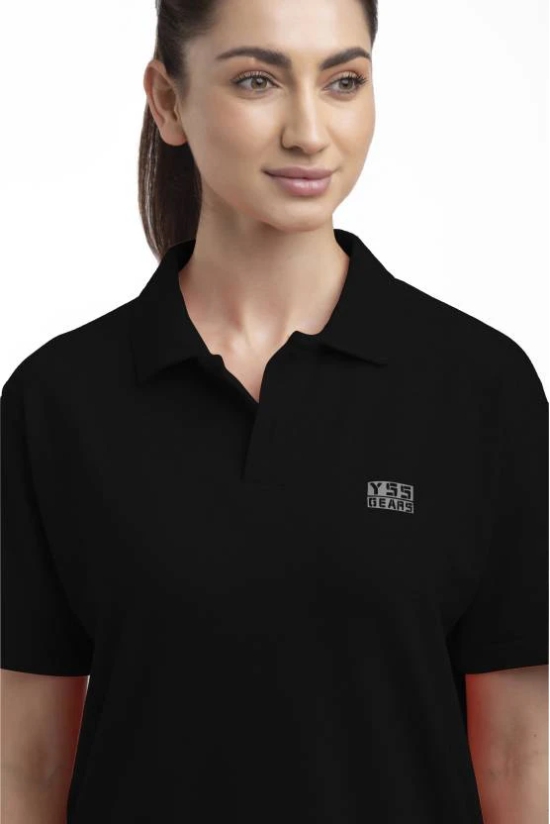 Women Solid Polo Neck Polyester Black T-Shirt