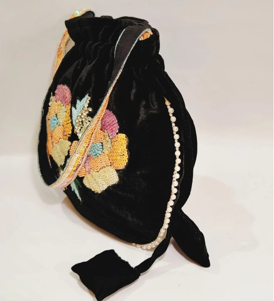 Black Velvet Beaded Floral Drawstring Bag