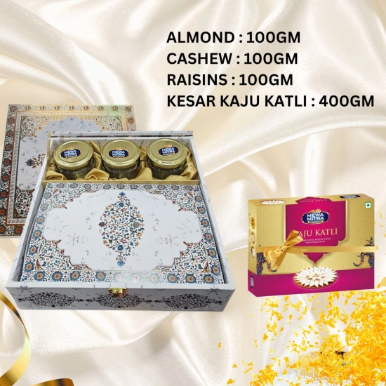 Premium Dry Fruits & Kesar Kaju Katli Gift Hamper – 700GM (Almonds, Cashews, Raisins, Kesar Kaju Katli)