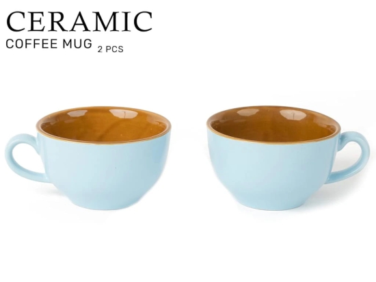 Bodhi House Ceramic Soup and Coffee Wide Large Mug with Handle - Set of 2, 350Ml Glossy Finish | Bone Ash Free & Microwave Safe | for Maggi, Cappuccino, Latte, Green Tea - Arctic Blue