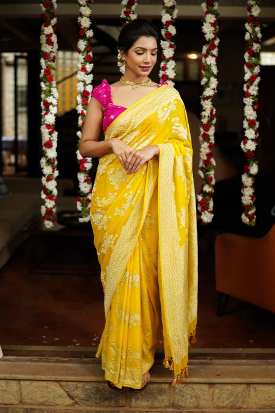 Pure Georgette Silk Banarasi Saree  in Yellow with Rose Jaal Weave in Silver Tone Zari | SILK MARK CERTIFIED