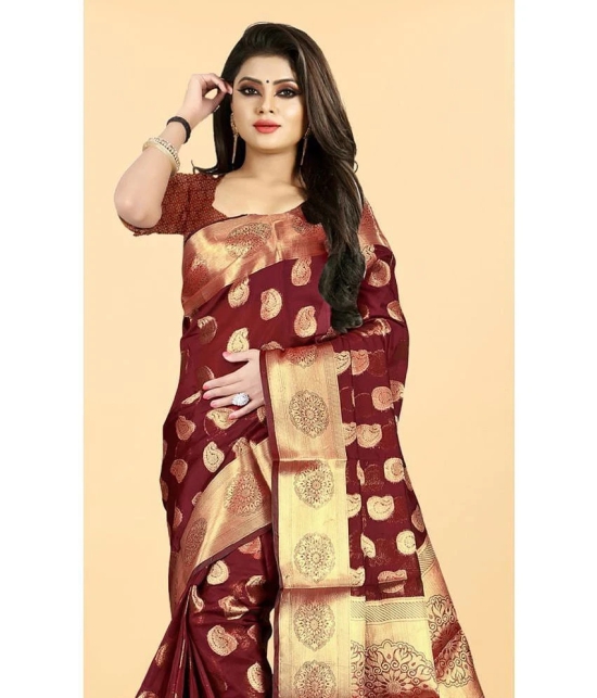 Gazal Fashions - Maroon Banarasi Silk Saree With Blouse Piece ( Pack of 1 ) - Maroon