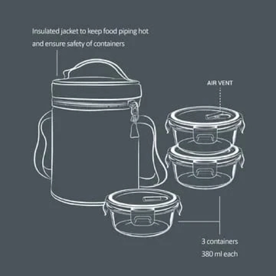 Treo All Fresh 400ml Glass Round Tiffin with Lid (Set of 3, BPA Free, Transparent)