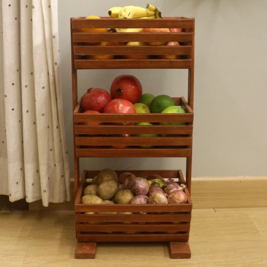 BARISH HOME DECORS - Fruit Basket 4 - Beautiful and Elegant | 3 Tier Wooden Fruit and Vegetable Basket | Handcrafted with Rubberwood | Multipurpose Basket Storage