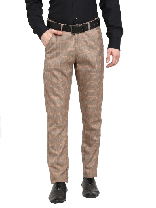 Indian Needle Men's Brown Cotton Checked Formal Trousers-30 / Brown