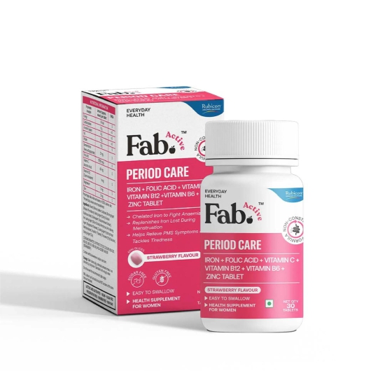 Fab Active Period Care | Iron, Folic Acid, Vitamin C, Vitamin B12, Zinc & Vitamin B6 Supplement | Supports Haemoglobin, Blood Building, Hormonal Balance & Pain Relief | Relieves PMS Symptoms | No