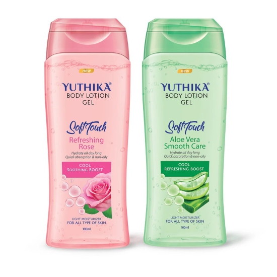 Yuthika Body Lotion Gel 100ml Combo Pack, Refreshing Rose and Aloe Vera Body Lotion for Summer, Winter, Non-Oily Gel Body Lotion