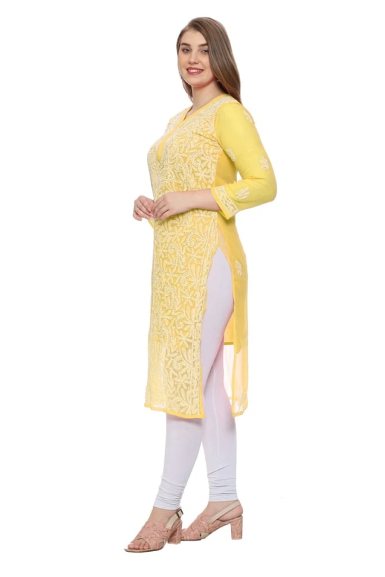 Lavangi Women Lucknow Chikankari Yellow Georgette Kurti with Matching Cotton Inner