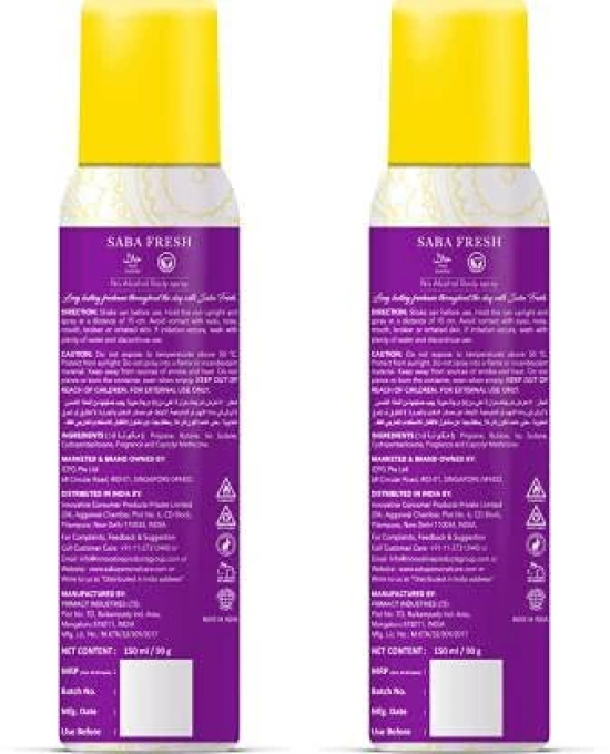 Saba Fresh Deodorant No Alcohol Body Spray Combo Pack of 2