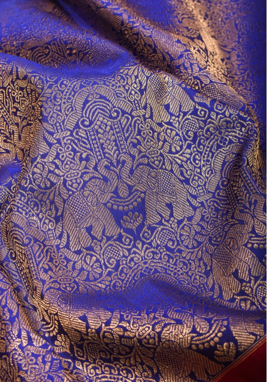 Exquisite Twin Elephant Brocade Gadwal Silk Saree in Blue with Meenakari Border and Grand Zari Pallu | SILK MARK CERTIFIED