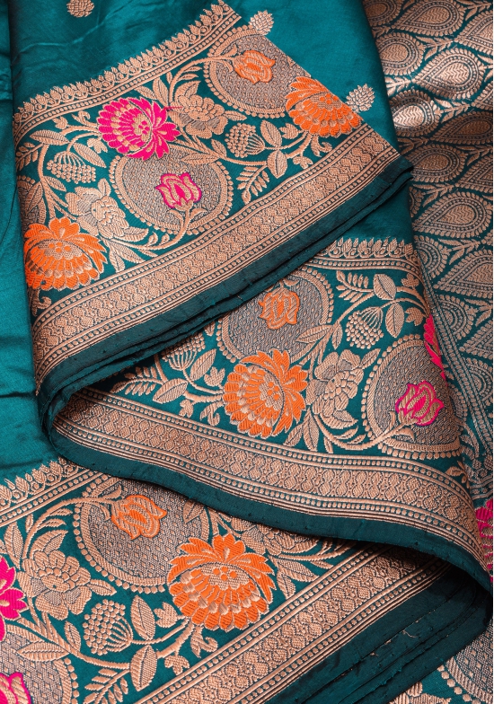 Teal Banarasi Pure Katan Silk Saree with Floral Meenakari Border and Butta | SILK MARK CERTIFIED