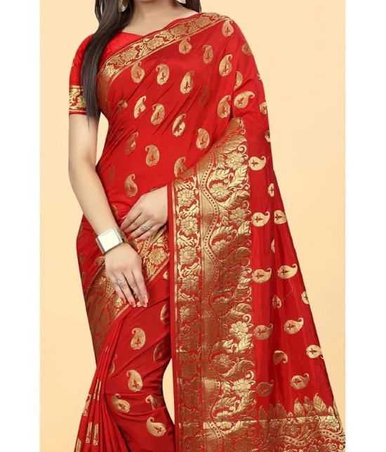 Gazal Fashions - Red Banarasi Silk Saree With Blouse Piece ( Pack of 1 ) - Red