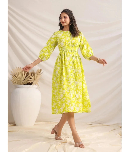 Janasya Cotton Printed Midi Womens A-line Dress - Lime Green ( Pack of 1 ) - None