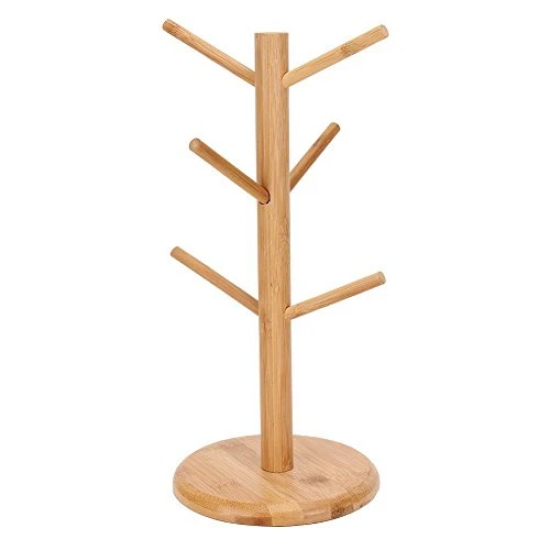 CONNECTWIDE Bamboo Mug Tree Rack Stand with 6 Storage Hooks, Hold and Dry Large Coffee Mugs or Cups