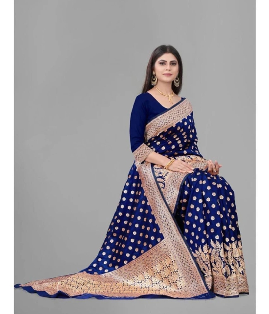 Gazal Fashions Banarasi Silk Embellished Saree With Blouse Piece - Navy Blue ( Pack of 1 ) - Navy Blue