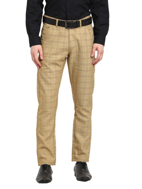 Indian Needle Men's Beige Cotton Checked Formal Trousers-30 / Beige