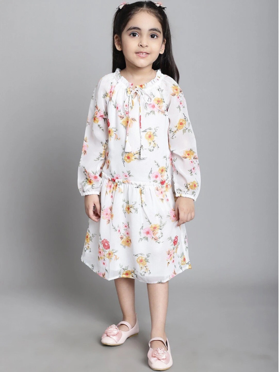 MINI & MING Girls Floral Print Tie-Up Neck Puff Sleeve A-Line Dress