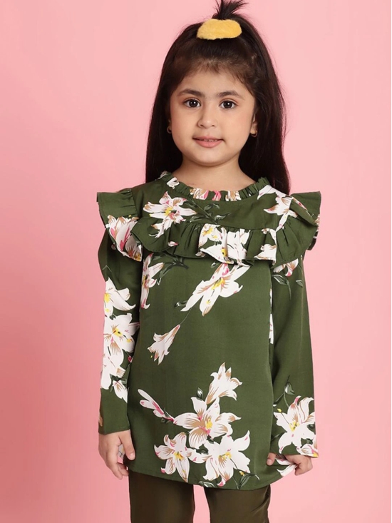 MINI & MING Girls Floral Printed Round Neck Bell Sleeves Pleated A-Line Top