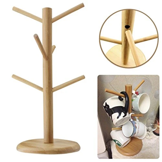 CONNECTWIDE Bamboo Mug Tree Rack Stand with 6 Storage Hooks, Hold and Dry Large Coffee Mugs or Cups