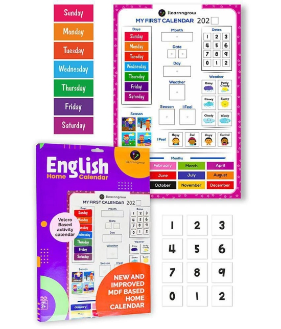 ILEARNNGROW Kids Home Calendar - Day, Date, Month, Weather, Season Learning Pre School MDF Board (English) for 2-6 year Preschool Kids Multi - Multicolor