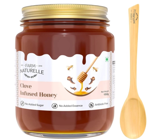 Farm Naturelle-Real Clove Infused Wild Forest Honey |1000gm+150gm Extra and a Wooden Spoon | 100% Pure, Raw Natural - Un-Processed - Un-Heated Honey | Lab Tested Clove Honey in Glass Bottle.