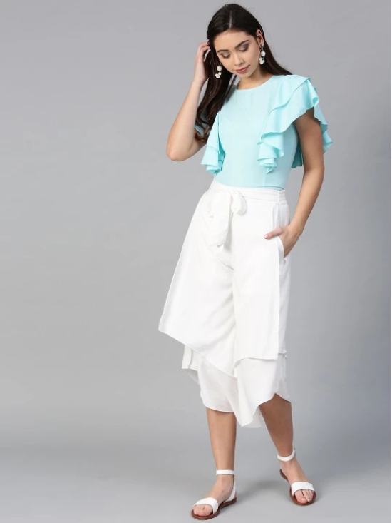 Women Off White & Peach-Coloured Ruffled Top with Layered Trousers