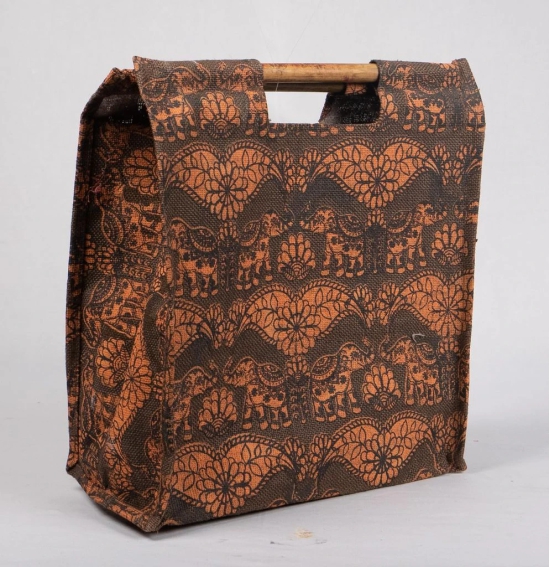  Elephant Print Jute Tote Bag with Wooden Handles