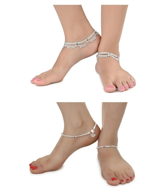 AanyaCentric Combo of 2 Pair Silver Plated White Metal Indian Traditional Ethnic Payal Anklets - Silver