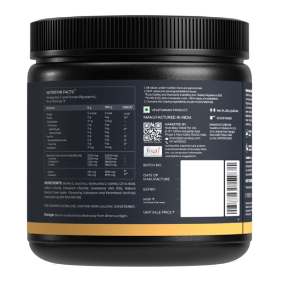 Nutrabay Gold BCAA 2:1:1 with Electrolytes - 5g Vegan BCAAs, Pre/Post Workout Energy Drink - 250g, Green Apple