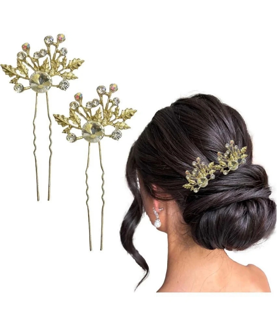 LYKAA Flower Hair Clips for Women Girls, Stylish Rhinestones Bun Hairpin Crystal Pearls Bun - 2 Pcs - Gold