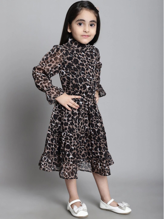 MINI & MING Girls Animal Print Mock Neck Bell Sleeves Georgette Fit & Flare Midi Dress