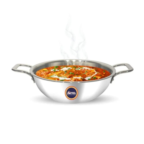 Softel Tri-Ply Stainless Steel kadhai with Removable Handle | Gas & Induction Compatible | Silver | 1 Pc 24 cm