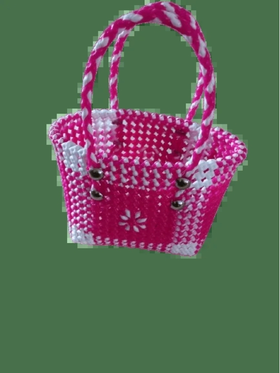  Small Handwoven Plastic Basket with Button Accents