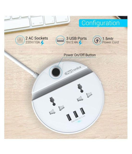 Portronics Power BUN, a Surge Protector with 2 AC Outlets and 3 USB Charging Ports Plus a Phone Docking Station, 1.5 Meter Power Cord, LED Indicator, White