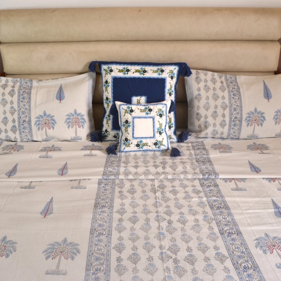 Palm  Blockprinted Cotton Bedcover- Blue