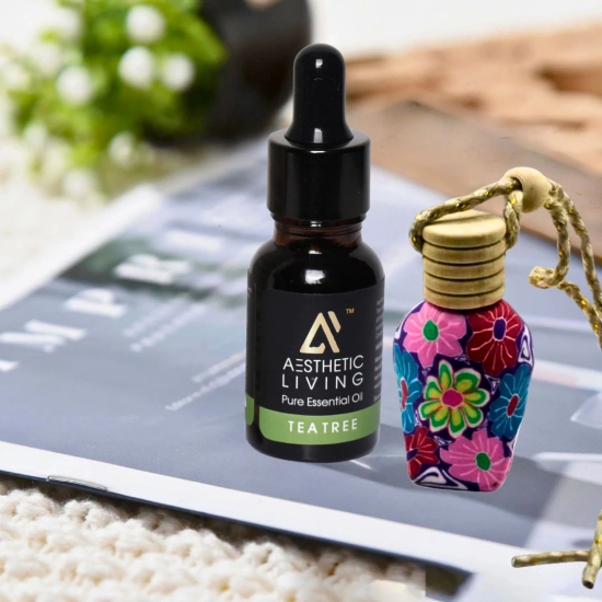 Aesthetic Living Car Aromatizer/ Diffuser Bottle with Essential Oil (Vase Shape-15 ml+ Tea Tree Essential Oil, 15 ml)