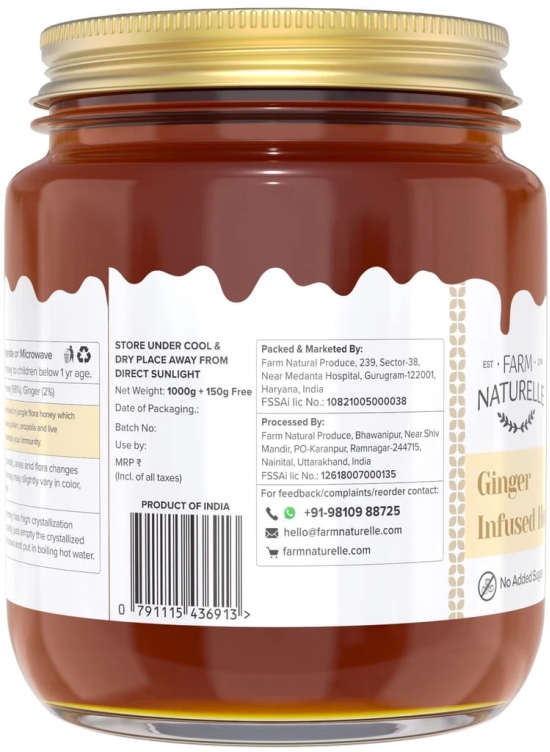 Farm Naturelle-Real Ginger Infused Forest Honey|1000g+150gm Extra and a Wooden Spoon| 100% Pure, Raw Natural - Un-Processed - Un-Heated Honey |Lab Tested Ginger Honey|