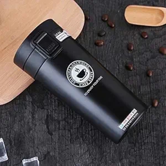 KATHIYAWADI 380 ML Stainless Steel Vacuum Insulated Travel Tea and Coffee Mug -Insulated Cup for Hot & Cold Drinks, Travel Thermos Flask with Lid (Black Color)