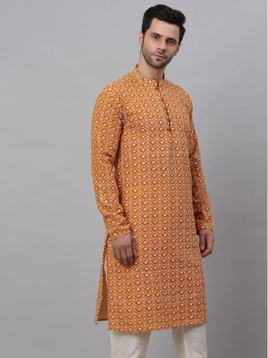 Men's Mustard & White Embroidered Straight Kurtas-S / Mustard