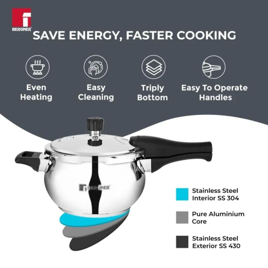 Bergner Pura Belly Shape Stainless Steel Outer Lid Pressure Cooker | Gas & Induction Compatible | Silver 2 Litre